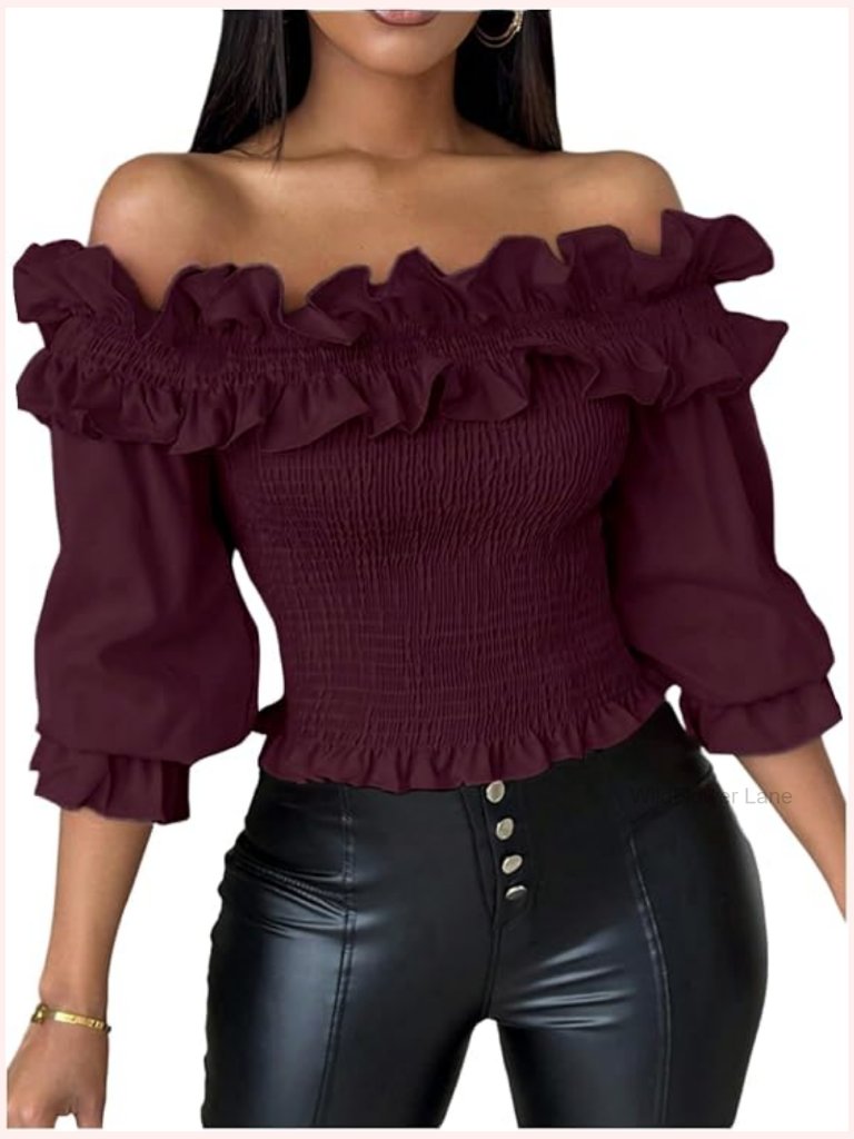 Off Shoulder Ruffle Trim Flounce Sleeve Shirred Blouse Top